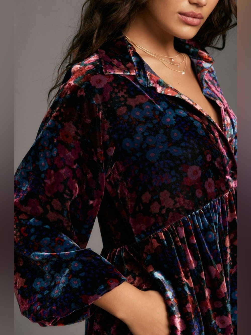 Anthropologie Maeve Velvet Floral Tiered Mini Shirt Dress Boho Cottagecore XS - Picture 3 of 15